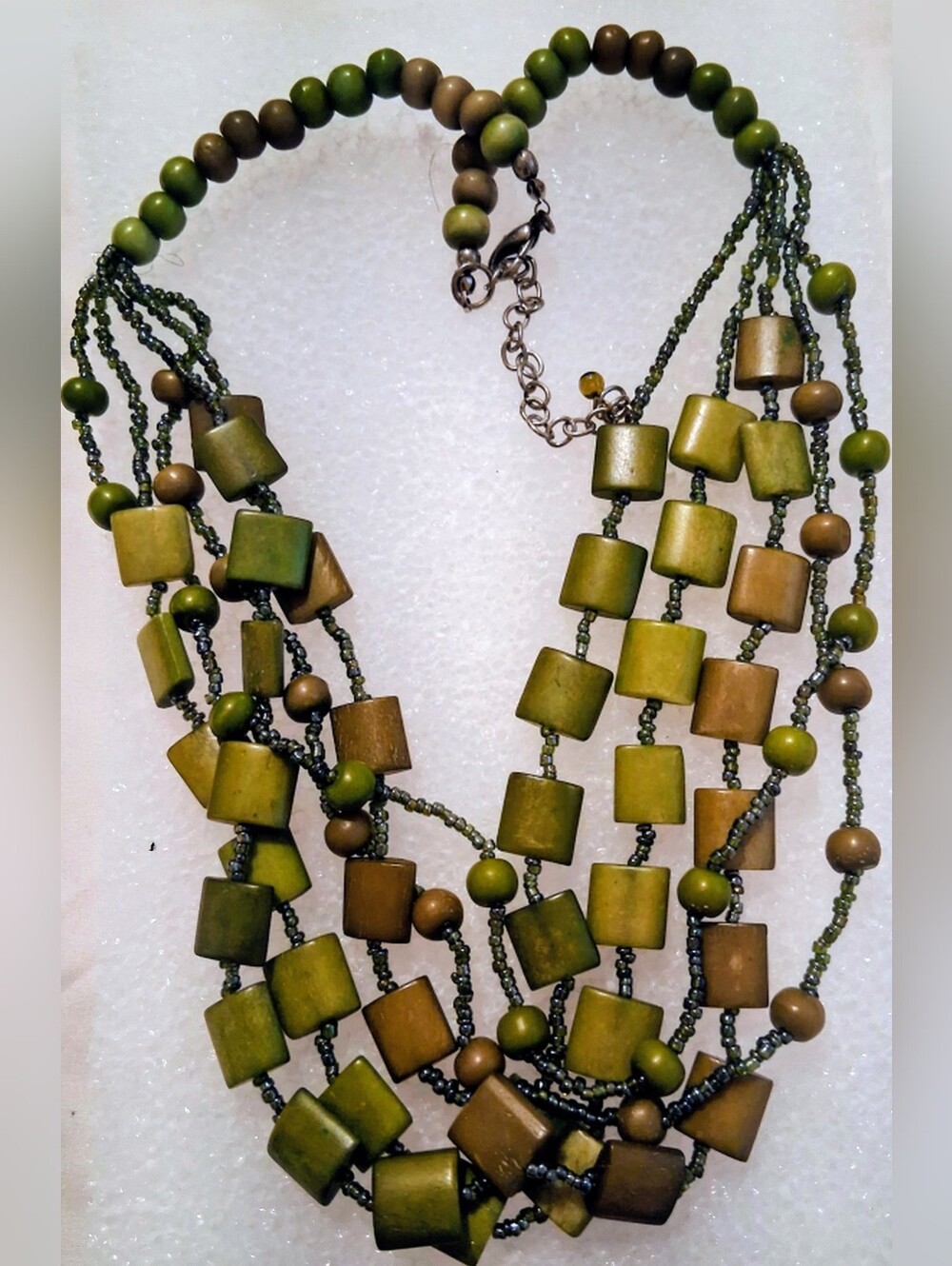 Multi-Strand Olive Green Bead Necklace - Brand